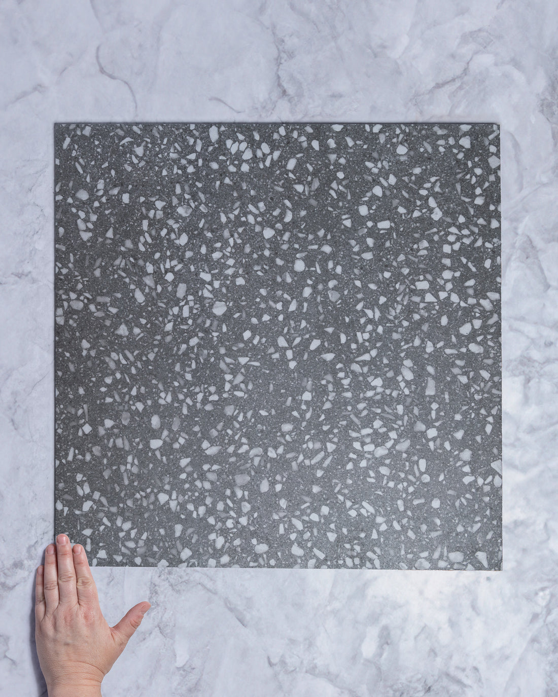 Bourke Charcoal Terrazzo Look Porcelain Tile Matt 600x600mm tile, view 1 - Tile Touch