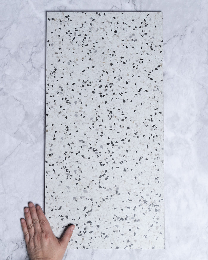Burrows White Terrazzo Look Porcelain Tile 300x600mm tile, view 1 - Tile Touch