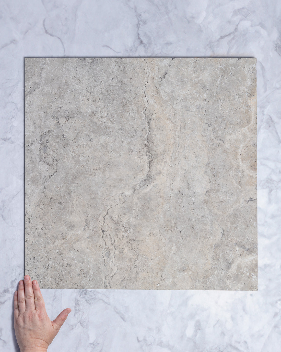 Burton Silver Travertine Look Porcelain Tile 600x600mm tile, view 1 - Tile Touch