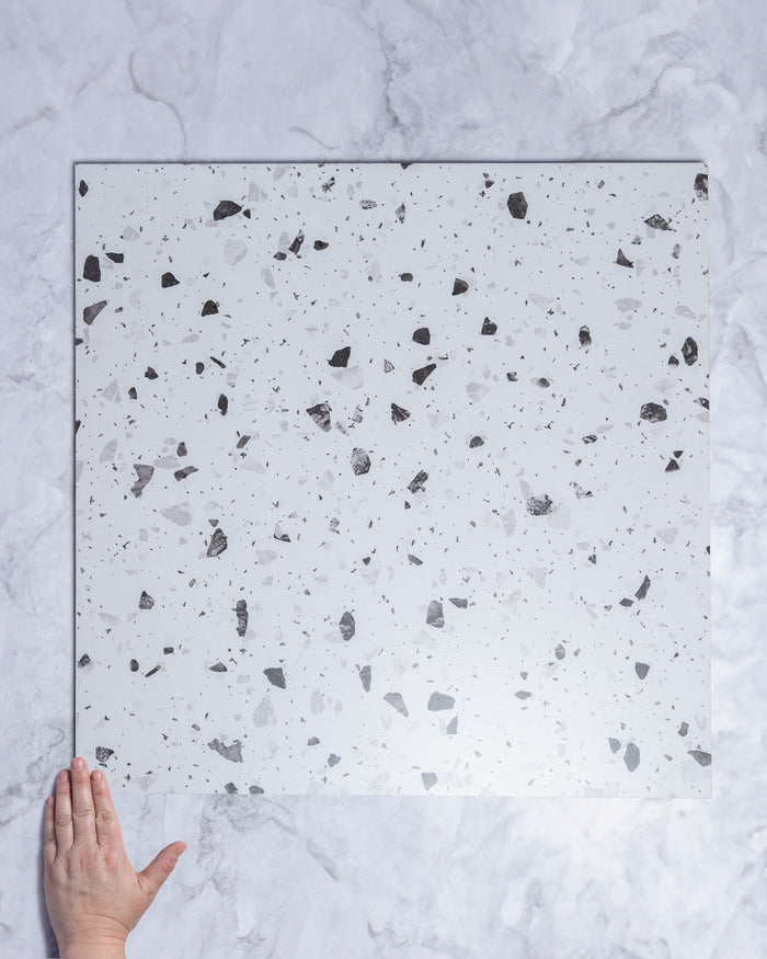 Desmond White Terrazzo Look Porcelain Tile 600x600mm tile, view 1 - Tile Touch