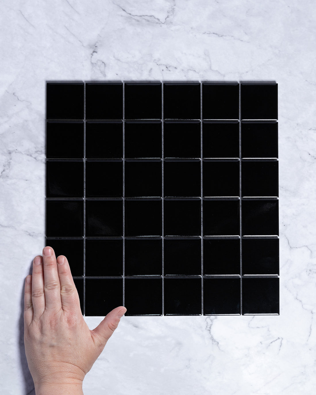 Fairway Small Plain Black Gloss Square Mosaic 48x48mm tile, view 1 - Tile Touch