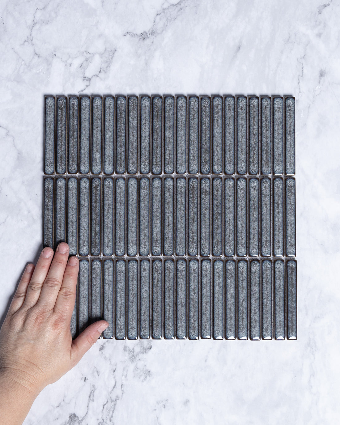 Roseby Tarnished Blue Grey Gloss Kit Kat Finger Mosaic Tile tile, view 1 - Tile Touch