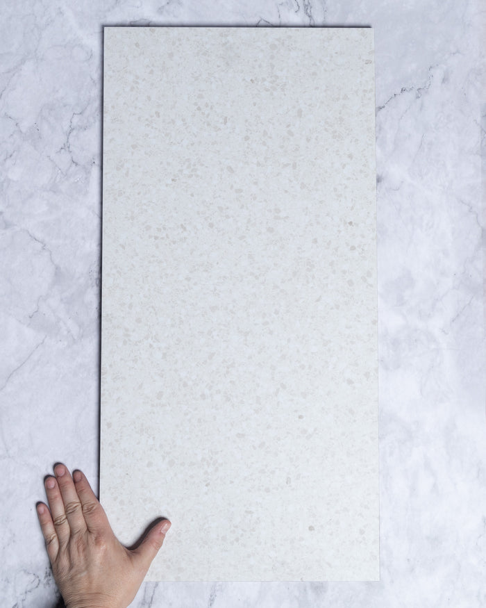 Burrows Blanc White Terrazzo Look Porcelain Tile 300x600mm tile, view 1 - Tile Touch