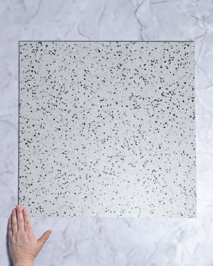 Burrows White Terrazzo Look Porcelain Tile Finish 600 x 600mm tile, view 1 - Tile Touch