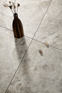 Burton Silver Travertine Look Porcelain Tile 600x600mm tile, view 3 - Tile Touch