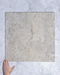 Burton Silver Travertine Look Porcelain Tile 600x600mm tile, view 1 - Tile Touch