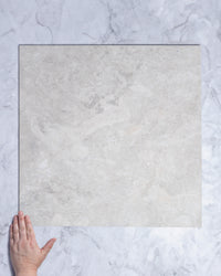 Burton White Travertine Look Porcelain Tile 600x600mm tile, view 1 - Tile Touch