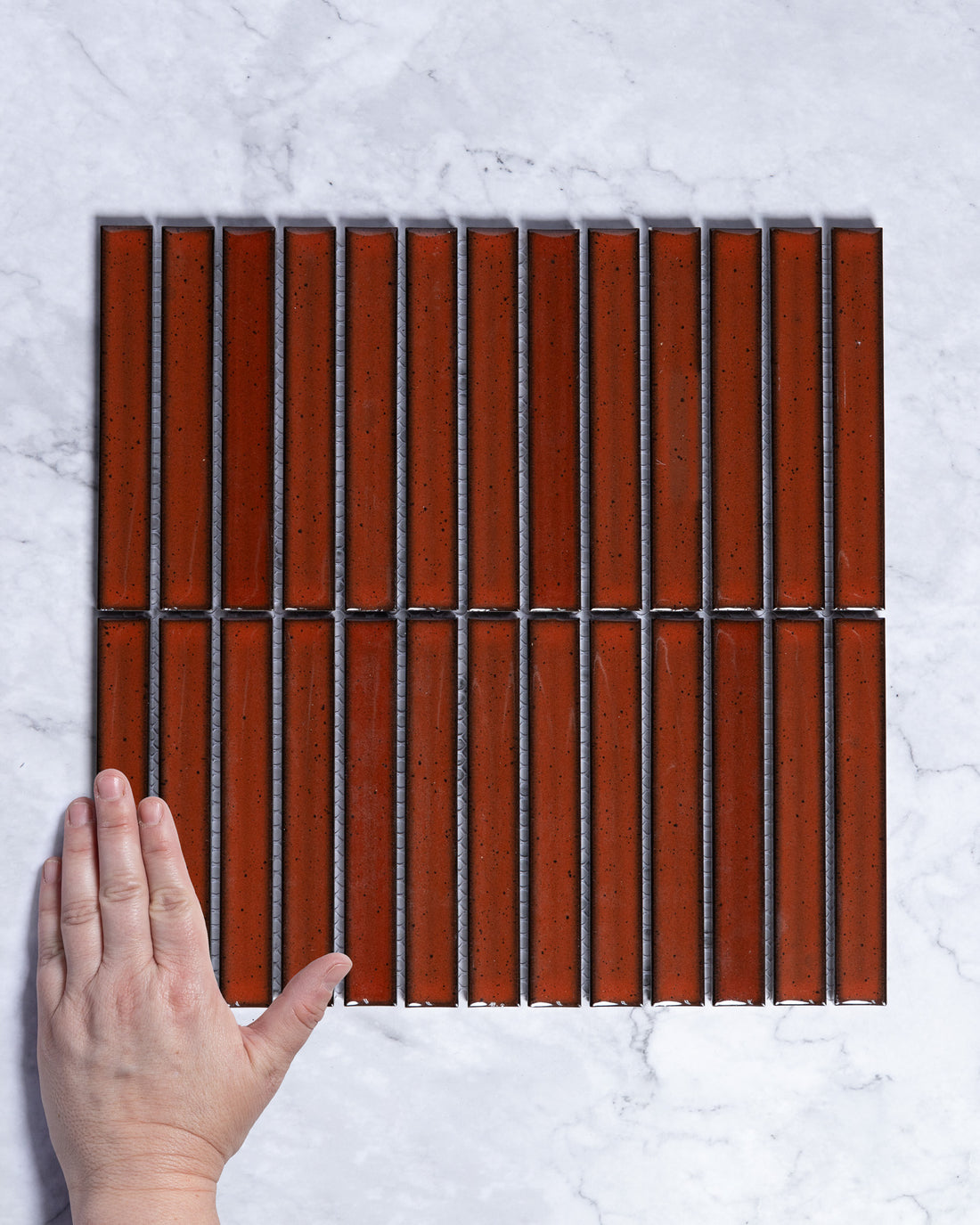 Gracemere Blood Red Speckle Gloss Concave Kit Kat Finger Mosaic Tile tile, view 1 - Tile Touch