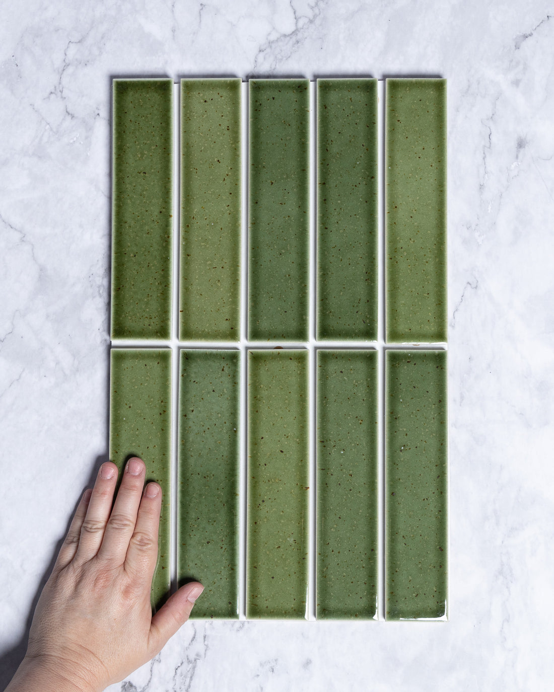 Osaka Olive Green Speckle Japanese Hand Glazed Large Finger Mosaics 45x195mm tile, view 1 - Tile Touch
