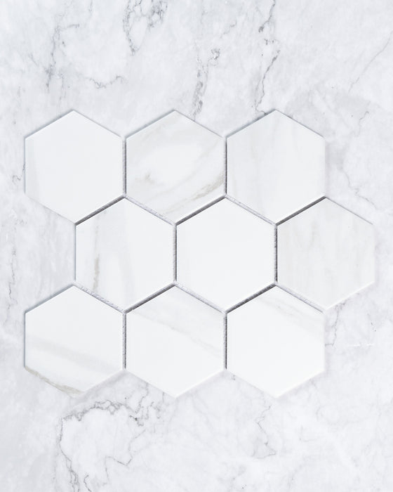 Velour Large Carrara Marble Look Ceramic Hexagon Mosaic